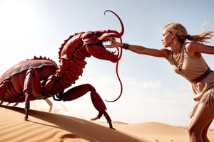 (4k), (masterpiece), (best quality),(extremely intricate), (realistic), (sharp focus), (award winning), (cinematic lighting), (extremely detailed), A girl fighting a red scorpion in the desert, from below, boho_chic