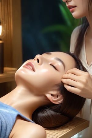 (4k), (masterpiece), (best quality),(extremely intricate), (realistic), (sharp focus), (award winning), (cinematic lighting), (extremely detailed), girl receiving a face massage,boho_chic,kwon-nara