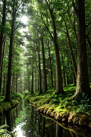 A serene forest glade, bathed in warm sunlight filtering through towering trees, their canopies a vibrant green. A gentle stream meanders softly through the underbrush, its crystal clear waters reflecting the dappled light above. Tall ferns and wildflowers sway gently in the breeze, surrounding a lone figure standing at the water's edge, lost in thought.