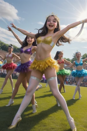 Girls in sparkling costumes, batons twirling in unison, spin and swirl in a colorful choreographed routine against a bright blue sky with fluffy white clouds. The sun casts a warm glow, highlighting the movement and joy on their faces as they dance across the lush green grassy field.