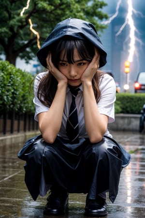 Best Quality, 32k, photorealistic, ultra-detailed, finely detailed, high resolution, perfect dynamic composition, beautiful detailed eyes, sharp, school_uniform, schoolgirl, Soaking wet in the rain, covering one's head with a handkerchief to avoid the rain, crouching down and holding one's head with both hands in fear of thunder, (((lightning strikes a nearby tree))), AIDA_LoRA_piop