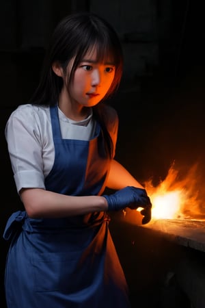 A close-up shot of a determined Japanese woman, her face set with concentration, as she swings a hammer in swift, precise arcs to shape a glowing piece of red-hot iron into the curved blade of a katana. The sound of hammer striking metal echoes through a well-lit forge, casting a warm glow on the subject's dark hair and worn apron.