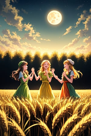 A vibrant 3D cartoon scene! A group of singing girls, dressed in harvest-inspired attire, gather around a glowing Harvest Moon. The bright yellow moon casts an warm orange glow on the characters' faces and dresses. The girls' hair flows like corn silk, with green leaves and ripe fruits scattered throughout their locks. They harmonize under the celestial body, surrounded by a whimsical landscape of golden wheat fields and rustic farmhouses, evoking a sense of joyous celebration.