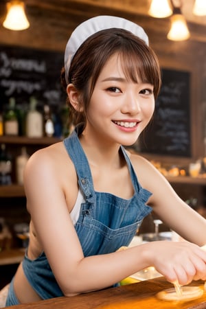 A cheerful bartender at a girls' bar pours beer with a warm smile as she chats with customers, the soft glow of neon lights reflecting off her bright apron, the vibrant atmosphere pulsating with laughter and conversation.