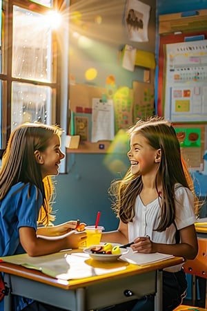 Soft-focused shot of a cluttered classroom desk, with two beautiful girls, smiling and chatting as they eat their lunch together. Warm sunlight streams through the window, casting a gentle glow on their faces and highlighting the joy they share. The composition is framed by the corner of the desk, emphasizing the friendship and camaraderie between the girls.