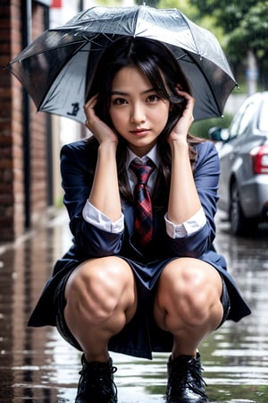 Best Quality, 32k, photorealistic, ultra-detailed, finely detailed, high resolution, perfect dynamic composition, beautiful detailed eyes, sharp, school_uniform, schoolgirl, Soaking wet in the rain, covering one's head with a handkerchief to avoid the rain, crouching down and holding one's head with both hands in fear of thunder,1girl
