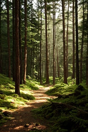 A serene forest glade at dusk, soft golden light filtering through the trees, casting dappled shadows on the moss-covered forest floor. Tall trunks rise from the underbrush, their bark weathered to a warm brown. A gentle mist rises from the damp earth, veiling the scene in mystery.