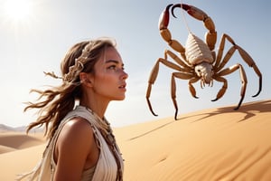 (4k), (masterpiece), (best quality),(extremely intricate), (realistic), (sharp focus), (award winning), (cinematic lighting), (extremely detailed), A girl fighting a white scorpion in the desert, from below, boho_chic