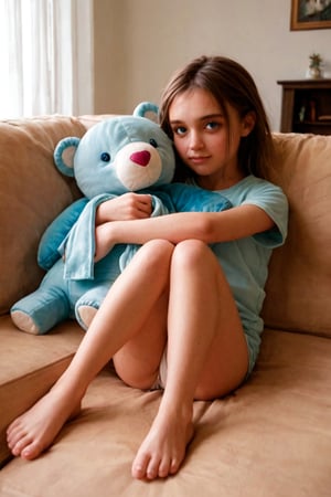 A tender moment captured in a warm, golden-lit living room setting. A young girl, with a look of quiet contemplation, lies on a plush sofa, her legs bent and arms wrapped snugly around her knees, as if seeking comfort and solace from within. The soft cushions and gentle curves of the furniture blend seamlessly into the cozy atmosphere, while the subject's vulnerability invites the viewer to share in her introspective mood.