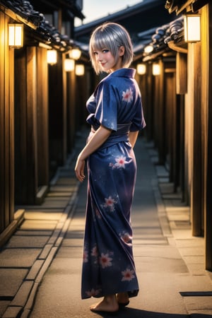 (Top Quality, 8K, High Resolution, masterpiece:1.2), ultra-detailed, realistic, physically based rendering, HDR, colorful lighting, full body, Summer sunshine, girl looking back, silver hair, blue eyes, from below, cute pose, smilling, Kyoto, print_yukata,perfect split lighting