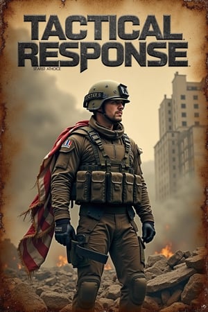 A worn leather-bound magazine cover featuring a gritty, high-contrast image of a rugged soldier in full tactical gear, standing at attention amidst a backdrop of smoke-shrouded urban ruins. A faded American flag clings to his shoulder as he gazes intently into the distance. The cover's title, 'Tactical Response' , is emblazoned in bold, metallic font across the top.