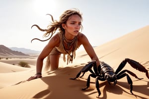 (4k), (masterpiece), (best quality),(extremely intricate), (realistic), (sharp focus), (award winning), (cinematic lighting), (extremely detailed), A girl fighting a scorpion in the desert, from below, boho_chic