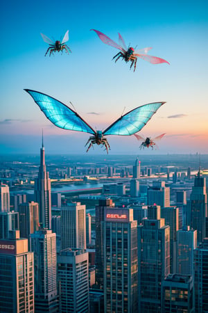 A futuristic cityscape at dusk, with neon lights reflecting off metallic scales as a group of towering, insectoid beings with glowing blue eyes and iridescent wings hover in mid-air. Their elongated bodies are encased in shimmering armor, with intricate circuitry visible beneath. The background features a sprawling metropolis with skyscrapers and flying cars zipping by.