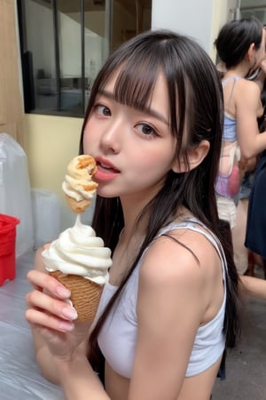 girl licking soft serve ice cream,