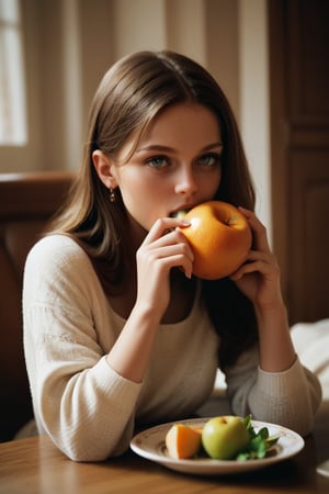 score_9,score_8_up,score_7_up,score_6_up,score_5_up, masterpiece,best quality,very detailed,(complex,very detailed,8K,masterpiece), Girl eating fruit