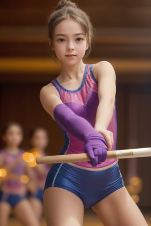 A close-up shot of a young girl's hands, fingers deftly manipulating the baton as she twirls it with precision and finesse. The lighting is soft and warm, casting a gentle glow on her face and highlighting the rhythmic motion of the baton. The composition is simple yet dynamic, focusing attention on the subject's hands as they spin and flip the baton in perfect harmony.