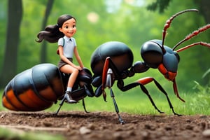 A beautiful girl is riding a  super huge ant, walking in the park