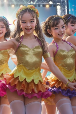 A group of young girls in sparkling costumes, their batons held high, twirl and spin in unison on a sun-kissed outdoor stage. Framed by fluttering ribbons and colorful balloons, the energetic performers dance with joy, their bright smiles shining like rays of sunshine amidst a sea of vibrant flowers.