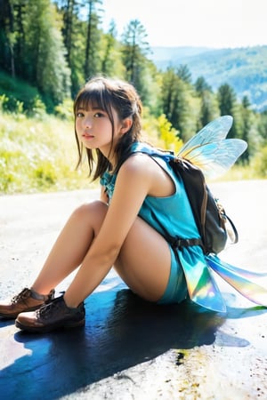 A young girl, dressed in a casual outfit with a backpack, sits confidently on the back of a giant hornet, its iridescent wings shimmering in the morning sunlight. The hornet's legs are splayed wide, allowing the girl to ride comfortably as it flies over a scenic landscape, perhaps a rolling hills or a misty forest. The framing is from a slightly low angle, emphasizing the girl's sense of adventure and freedom.