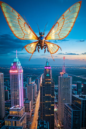 A futuristic cityscape at dusk, with neon lights reflecting off metallic scales as a group of towering, insectoid beings with glowing blue eyes and iridescent wings hover in mid-air. Their elongated bodies are encased in shimmering armor, with intricate circuitry visible beneath. The background features a sprawling metropolis with skyscrapers and flying cars zipping by.