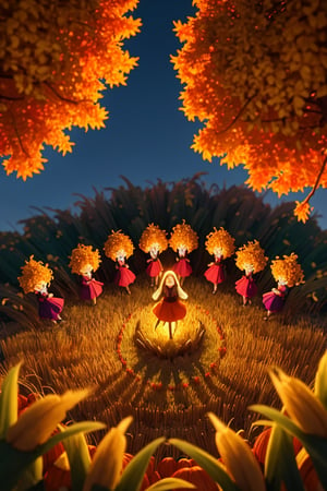 A vibrant 3D cartoon scene unfolds: a group of singing girls, dressed in flowing harvest-inspired costumes, gather around a majestic harvest moon. Softly glowing golden light illuminates their joyful faces as they harmonize amidst a backdrop of swaying corn stalks and autumnal trees. The camera frames the scene from above, capturing the girls' lively performance and the serene lunar presence.