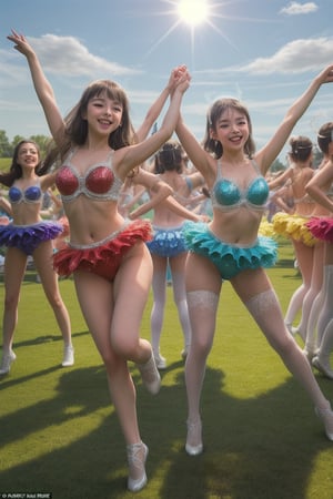 Girls in sparkling costumes, batons twirling in unison, spin and swirl in a colorful choreographed routine against a bright blue sky with fluffy white clouds. The sun casts a warm glow, highlighting the movement and joy on their faces as they dance across the lush green grassy field.