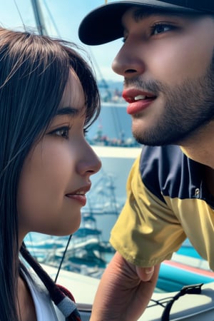 A close-up shot of a sailing couple in a mixed doubles match, both dressed in sleek yacht racing attire. The camera captures the intense focus on their faces as they maneuver the sails, their eyes locked in perfect sync. Soft golden light reflects off the water's calm surface, with the surrounding boats and crew members blurred in the background.