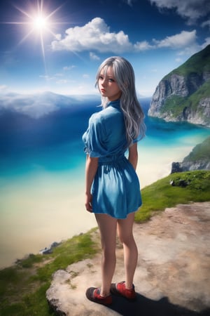 (Top Quality, 8K, High Resolution, masterpiece:1.2), ultra-detailed, realistic, physically based rendering, HDR, colorful lighting, full body, Summer sunshine, girl looking back, silver hair, blue eyes, from below,top of the mountain, sea ​​of ​​clouds