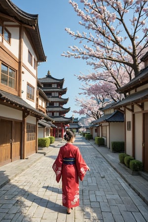 A serene image of a CITY in Japan's Heian period (794-1185 CE). The scene is set at dawn, with warm golden light casting long shadows across the bustling streets. Traditional wooden buildings with curved tiled roofs line the road, while vendors in kimono hurry to prepare for the day's trade. A tranquil canal runs through the center, its calm waters reflecting the city's peaceful atmosphere. People of all ages move about, their simple yet elegant attire a testament to the era's refinement. The air is filled with the sweet scent of blooming cherry blossoms and the soft chime of temple bells in the distance.