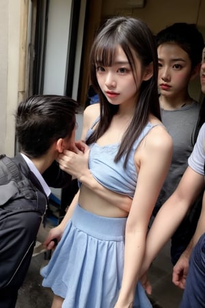 A girl being harassed by delinquents, behind the school building