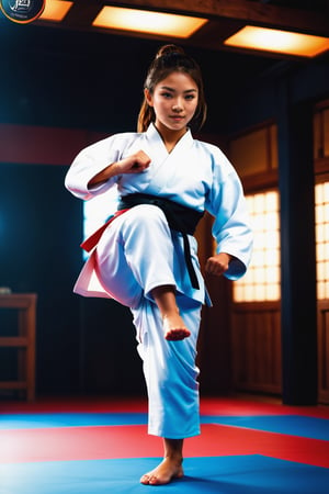 (Top Quality, 8K, High Resolution, masterpiece:1.2), ultra-detailed, realistic, physically based rendering, HDR, soft lighting,  Girl doing karate, upper roundhouse kick