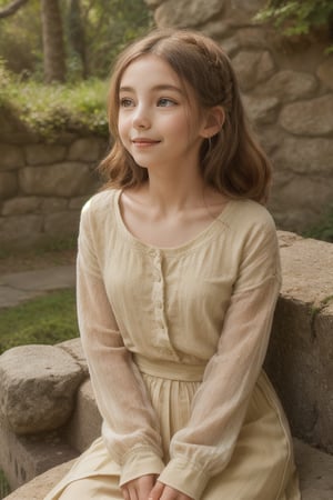 A serene girl sits comfortably on a worn stone bench, surrounded by lush greenery. Her eyes gaze softly into the distance, a gentle smile playing on her lips as she leans back against the rustic stone wall. Soft afternoon sunlight casts a warm glow, highlighting the soft folds of her clothing and the relaxed lines of her pose.