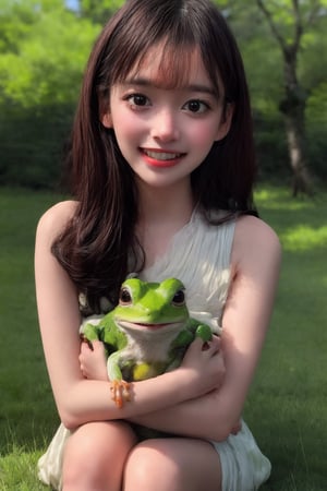 A whimsical scene: a young girl, with bright curious eyes and messy brown hair, is sitting on a lush green hillside, laughing as she holds up a tiny jumping frog by its long hind legs. The warm sunlight casts a soft glow, illuminating the joyful moment, with the surrounding flowers and tall grasses blurred out of focus in the background.