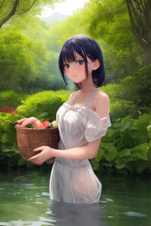 A serene riverside scene: a young girl stands waist-deep in crystal-clear water, gently scrubbing a basket of fresh vegetables with a soft-bristled brush. The warm sunlight casts a gentle glow on her face and the rippling water's surface, while lush greenery and towering trees frame the tranquil atmosphere.