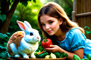 (sharp focus),  (award winning),  (extremely detailed),  (best quality, 4k, 8k, highres, masterpiece:1.2), ultra-detailed, (realistic, photorealistic, photo-realistic:1.37), A girl and a rabbit, the rabbit is eating vegetables, outdoor