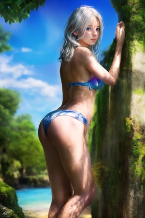 (Top Quality, 8K, High Resolution, masterpiece:1.2), ultra-detailed, realistic, physically based rendering, HDR, colorful lighting, full body, Summer sunshine, girl looking back, silver hair, blue eyes, from below,