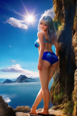 (Top Quality, 8K, High Resolution, masterpiece:1.2), ultra-detailed, realistic, physically based rendering, HDR, colorful lighting, full body, Summer sunshine, girl looking back, silver hair, blue eyes, from below,top of the mountain, sea ​​of ​​clouds, cute   
 pose,  grin