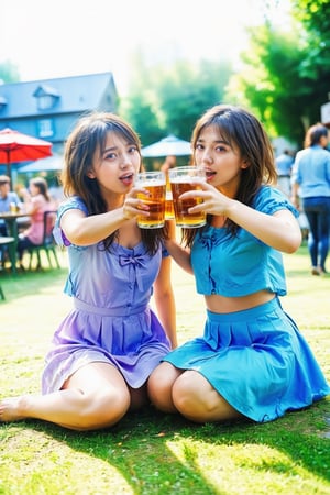 (masterpiece, best quality, dynamic angle, realistic, wide shot), drunk girls drinking beer, full body, beer garden, sharp focus ,real_booster