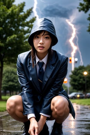 Best Quality, 32k, photorealistic, ultra-detailed, finely detailed, high resolution, perfect dynamic composition, beautiful detailed eyes, sharp, school_uniform, schoolgirl, Soaking wet in the rain, covering one's head with a handkerchief to avoid the rain, crouching down and holding one's head with both hands in fear of thunder, (((lightning strikes a nearby tree))), scary