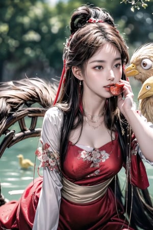 (sharp focus),  (award winning),  (extremely detailed),  (best quality, 4k, 8k, highres, masterpiece:1.2), ultra-detailed, (realistic, photorealistic, photo-realistic:1.37), A girl is picking strawberries and eating them with a big ((bird)), full body, 1 girl ,huangyuyao