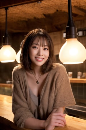 A warm and inviting scene: A young woman with a bright smile stands behind the counter of a trendy girls' bar, expertly pouring beer into a glass while chatting with a customer. The soft glow of pendant lamps above illuminates her face, and the rustic wooden countertop reflects the warm tones of the lighting. The composition is centered around the smiling woman, with the customer's relaxed pose in the background adding to the cozy atmosphere.