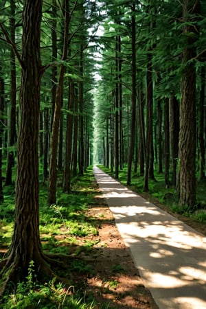 A serene forest scene: a towering tree stands tall, its trunk weathered to a gentle grey, amidst a carpet of emerald green leaves. Soft morning light filters through the canopy above, casting dappled shadows on the forest floor. A winding path disappears into the distance, inviting exploration.