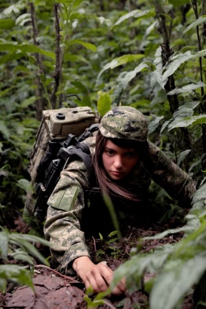 A gritty, handheld shot captures a determined female soldier crawling through thick vegetation, her camouflage attire blending with the surroundings. She clutches her worn rifle tightly as she navigates under the tangled barbed wire, its rusty coils scraping against her gear. The harsh lighting casts long shadows across the overgrown terrain, emphasizing her resilience and focus.