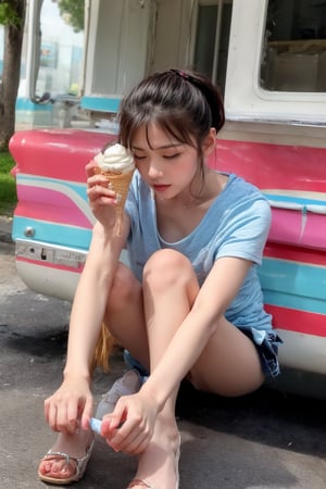 A bright, sunny day at a classic American ice cream truck. The girl, dressed in a casual summer outfit, is sitting on the curb with her knees bent and feet flat on the ground. She's intently focused on licking a colorful swirl of soft-serve ice cream from a cone, her eyes closed in bliss as the cold treat dissolves in her mouth. A few stray drips of ice cream adorn her hand and arm, adding to the carefree atmosphere.