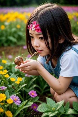 Best Quality, 32k, photorealistic, ultra-detailed, finely detailed, high resolution, perfect dynamic composition, beautiful detailed eyes, sharp, girl playing with snail in a flower field after the rain, rainbow