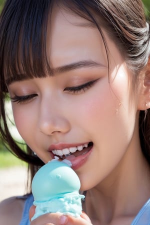 Close-up shot of a happy girl's face, eyes closed in bliss as she licks a cone of creamy soft-serve ice cream. The warm sunlight highlights the sticky drips on her upper lip and chin, while the vibrant blue and white swirls of the ice cream pop against the bright summer day background.