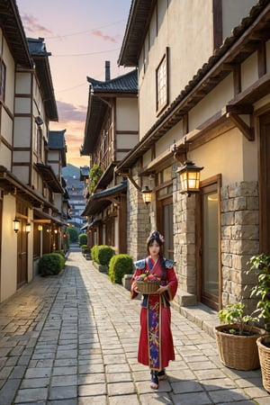 An ancient Japanese cityscape at dusk, with traditional wooden buildings and tiled roofs nestled between towering stone walls. Lanterns adorned with intricate designs illuminate the cobblestone streets, where samurai warriors in traditional armor stroll alongside merchants carrying wicker baskets. The vibrant colors of a setting sun cast long shadows across the tranquil scene.