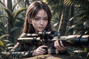 (sharp focus),  (award winning),  (extremely detailed),  (best quality, 4k, 8k, highres, masterpiece:1.2), ultra-detailed, (realistic, photorealistic, photo-realistic:1.37),Female sniper hiding above a tree in the jungle,full body, A sniper rifle, her sharp eyes looking through the scope, a smile on her lips,Daughter of Dragon God