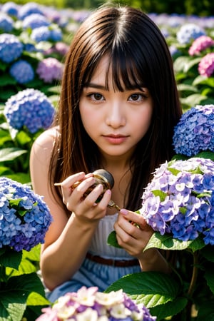 Best Quality, 32k, photorealistic, ultra-detailed, finely detailed, high resolution, perfect dynamic composition, beautiful detailed eyes, sharp, girl playing with big snail in a flower field after the rain, rainbow, hydrangea