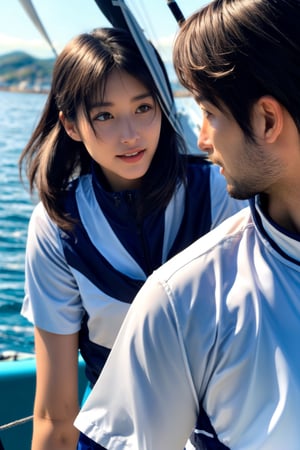 A close-up shot of a sailing couple in a mixed doubles match, both dressed in sleek yacht racing attire. The camera captures the intense focus on their faces as they maneuver the sails, their eyes locked in perfect sync. Soft golden light reflects off the water's calm surface, with the surrounding boats and crew members blurred in the background.